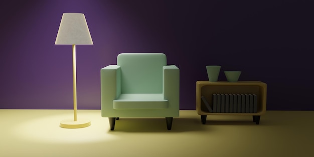 Home interieur popart woonkamer meubels Witte fauteuil boek stand vloer licht 3d render