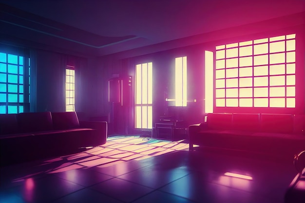 Home interior in anime style neon backlight contours View from the window on cyberpunk city