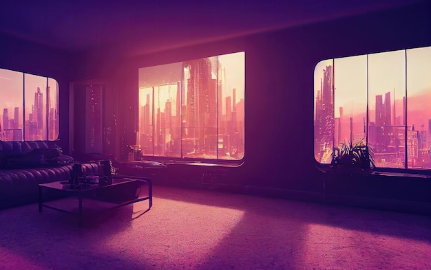 Home interior in anime style neon backlight contours View from the window on cyberpunk city