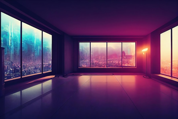 Home interior in anime style neon backlight contours View from the window on cyberpunk city