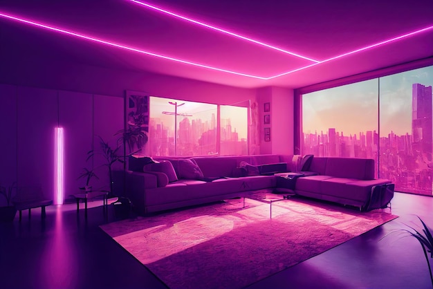 Home interior in anime style neon backlight contours View from the window on cyberpunk city