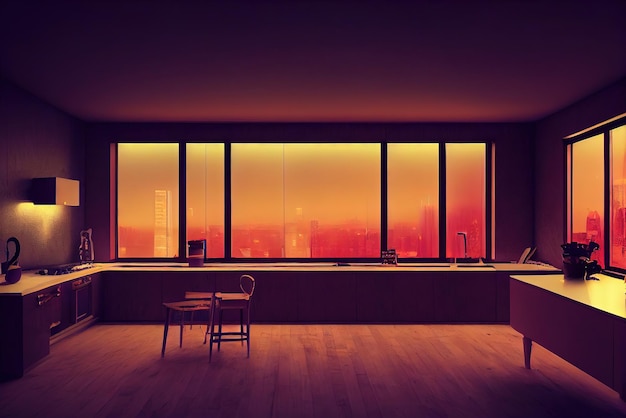 Home interior in anime style neon backlight contours View from the window on cyberpunk city