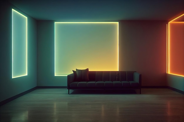 Photo home interior in anime style neon backlight contours view from the window on cyberpunk city