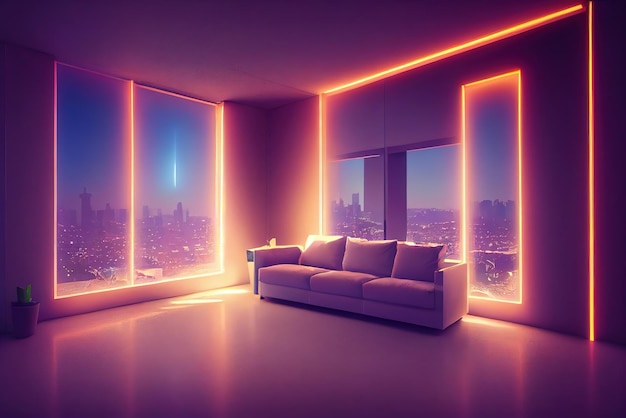 Home interior in anime style neon backlight contours View from the window on cyberpunk city