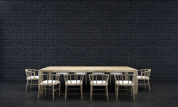 Фон домашнего интерьера с деревянным столом и стульями и макет декора в столовой и текстура черной кирпичной стены 3d визуализации