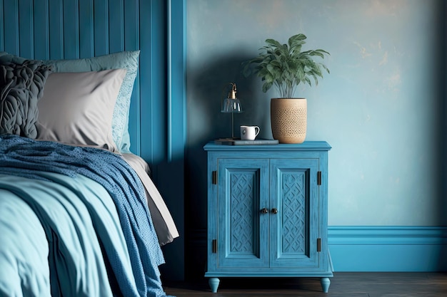 Home interior bluesoft furniture and bedside table against wall in home interior blue