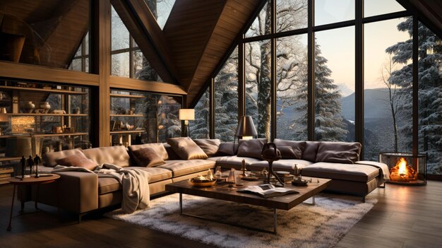 home interior of a chic country chalet with a huge panoramic window overlooking the winter forest