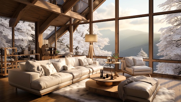 home interior of a chic country chalet with a huge panoramic window overlooking the winter forest