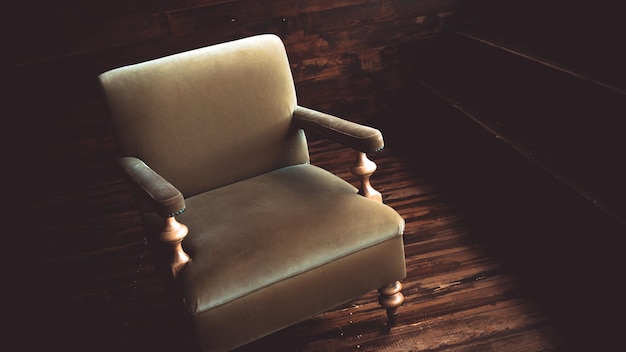 Home interior of corner from wood panels in room Closeup of comfortable armchair near steps in room