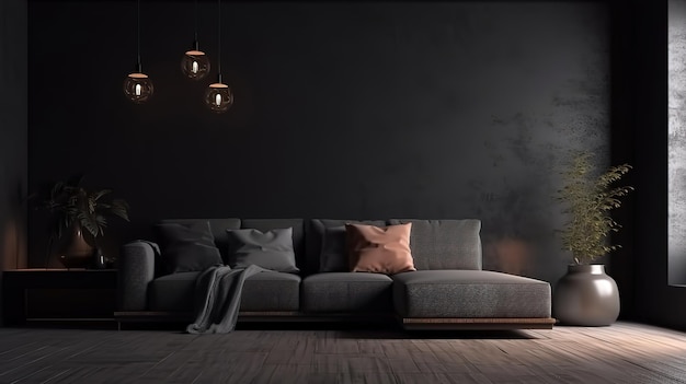 Home interior dark room with minimal furniture empty wall mockup 3d render Generative Ai