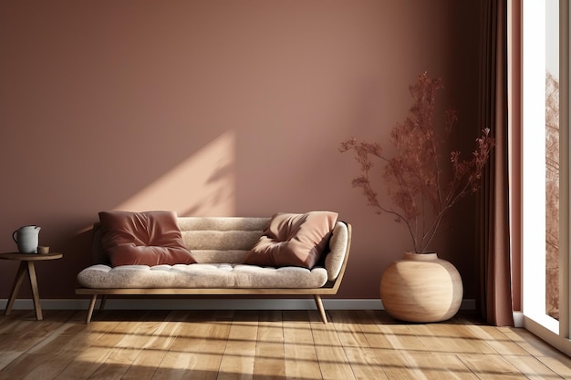 Home interior design autumn brown sofa couch wall plant table