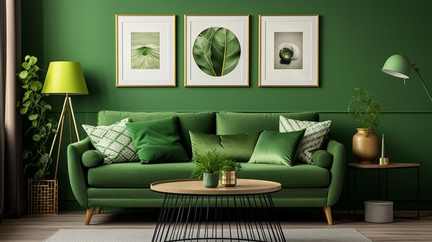 home interior design with green sofa wooden table and green wall