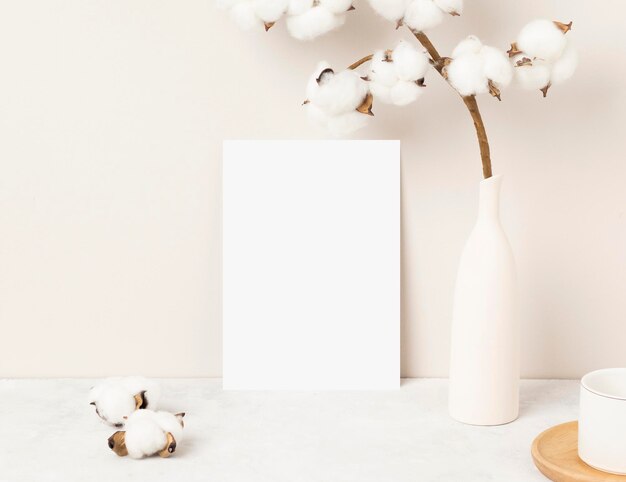 Home interior floral decor, Cotton flower on table, Front view, Blank paper cards, Greeting card Mockup. Beautiful white cotton flowers in vase on white background