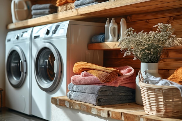 Home interior of a laundry room with washing and drying machines and clean towels on shelves