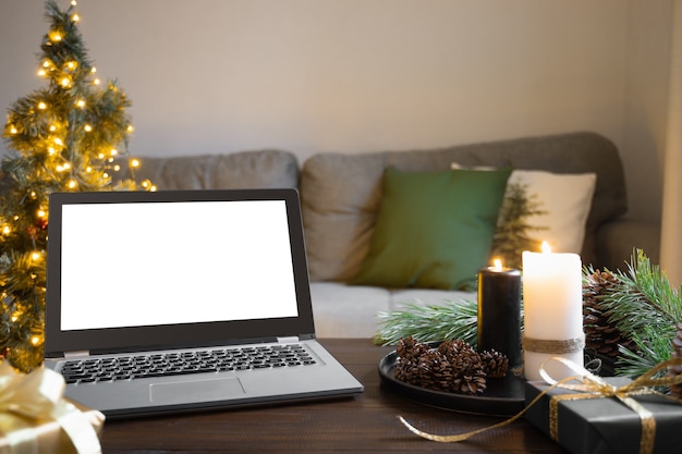 Home interior in living room with laptop