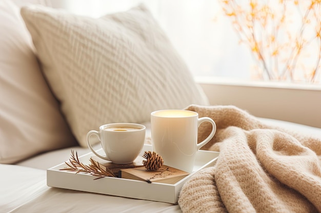 Home interior of living room with still life details Sweaters and cup of tea on a serving tray on a