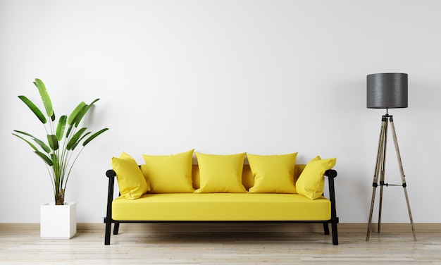 Home interior mock-up with yellow sofa, flower and gloor lamp in living room, 3d rendering