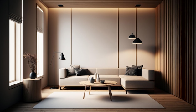Макет домашнего интерьера с бежевым диваном, журнальным столиком, деревянной панелью и декором в гостиной Generative AI