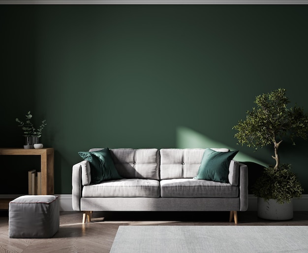 Home interior mockup with green wall and gray sofa table and decor in living room 3d render