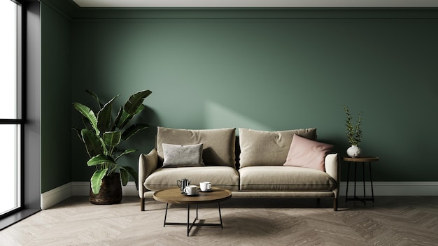 Home interior mockup with green wall and gray sofa table and decor in living room 3d render