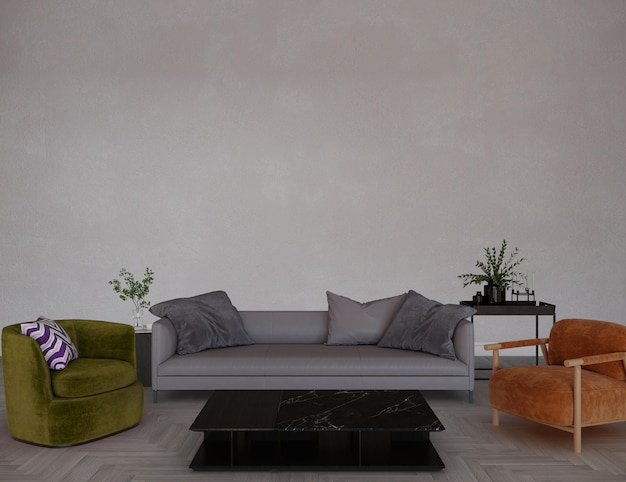 home interior mockup with sofa, table, plant and decor in living room