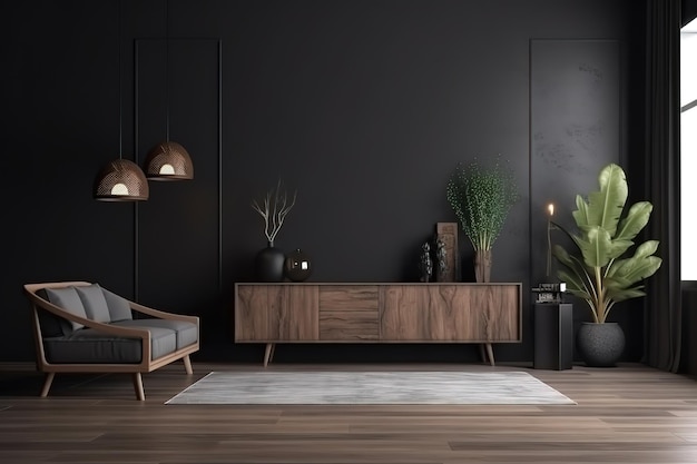 Home interior modern dark living room interior black empty wall mock up Modern luxury Generative AI