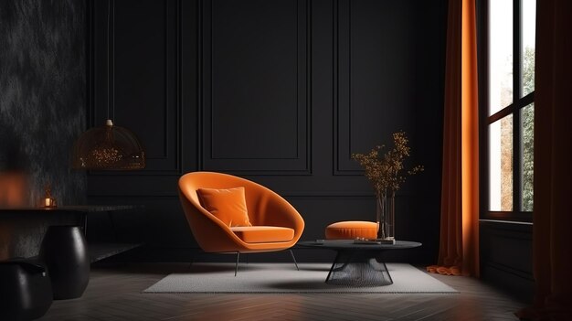 Home interior modern dark living room with orange armchair Generative Ai