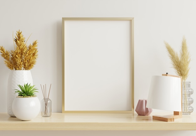 Home interior poster mock up with vertical gold frame with ornamental plants in pots on empty wall background.3D rendering