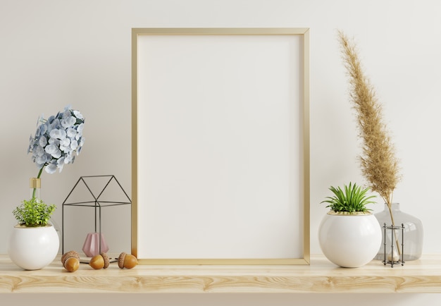 Home interior poster mock up with vertical metal frame with ornamental plants in pots on empty wall. 3D rendering