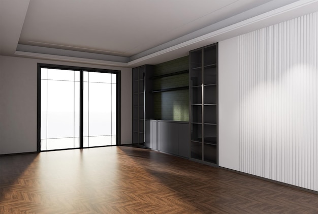 Home interior rendering with empty room color wall and decorated with wooden floors