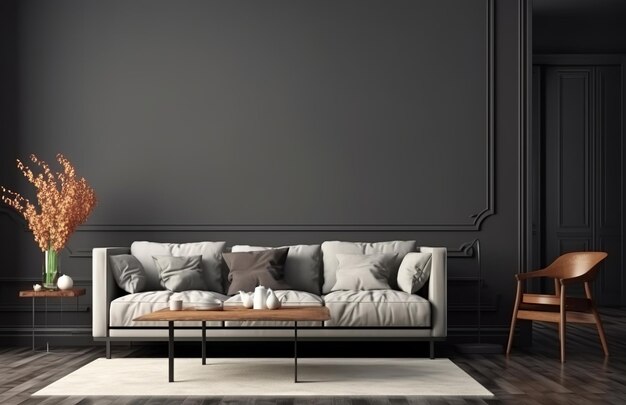 Home Interior showcasing a modern dark living room with a black empty wall mockup