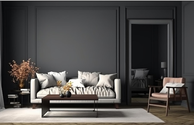 Home Interior showcasing a modern dark living room with a black empty wall mockup