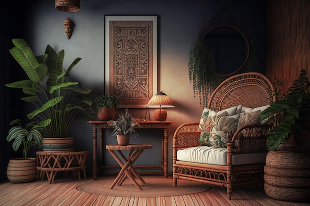 A home interior showcasing a vintage and rustic room design with old rattan furniture and ethnic decor elements