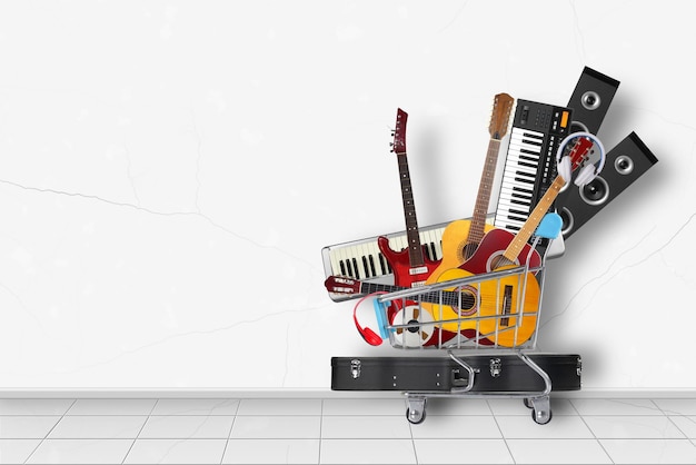 Home interior Stack pile collage of various musical instruments in shopping cart front of white wall