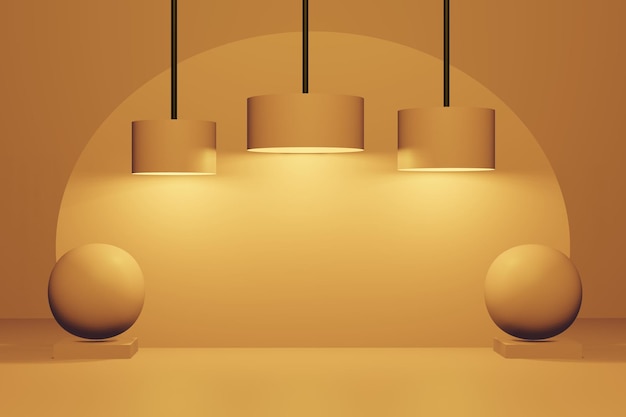 빛나는 램프가 있는 홈 내부 벽 노란색 방은 빈 모형 3d 렌더를 복사합니다.