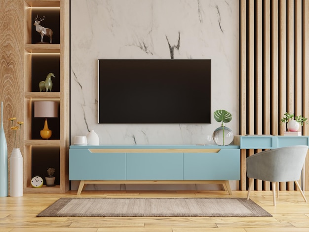 Interno domestico con poltrona e mobile tv su muro di marmo vuoto rendering background3d