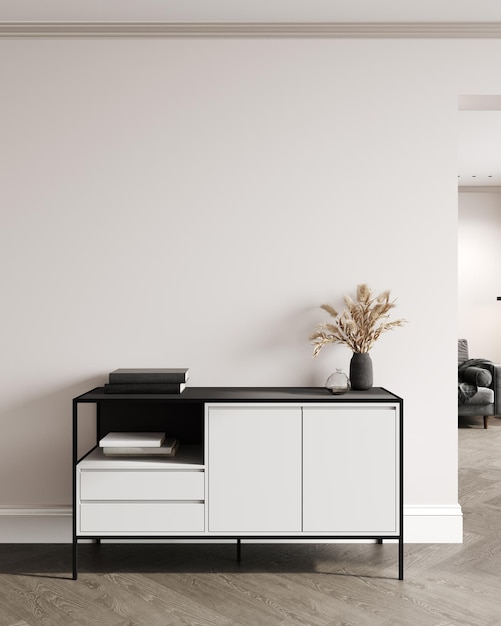 Домашний интерьер с консолью и отделкой гостиной в бежевом цвете с черной мебелью 3d визуализация