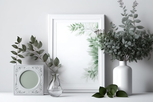 Photo home interior with decor elements white frame branches with green leaves in a vase interior decoration