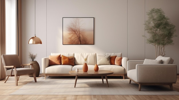 Home interior with ethnic boho decoration living room in brown warm color