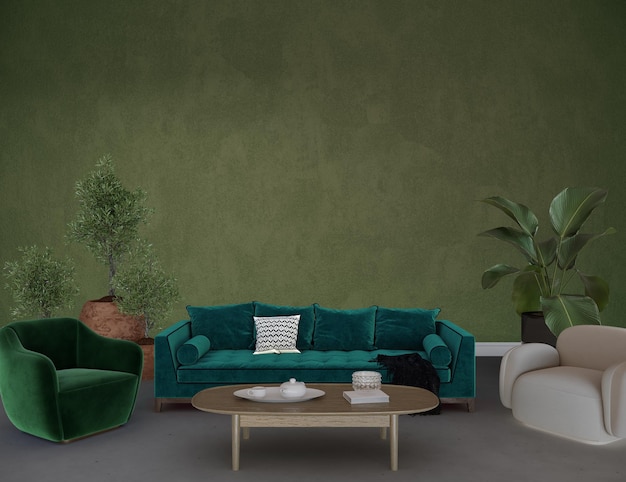 home interior with sofa, armchair and decor in empty wall mockup living room