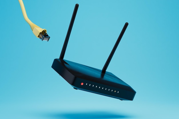 Home Internet connection Internet cable going to the WiFi router on a blue background 3D render