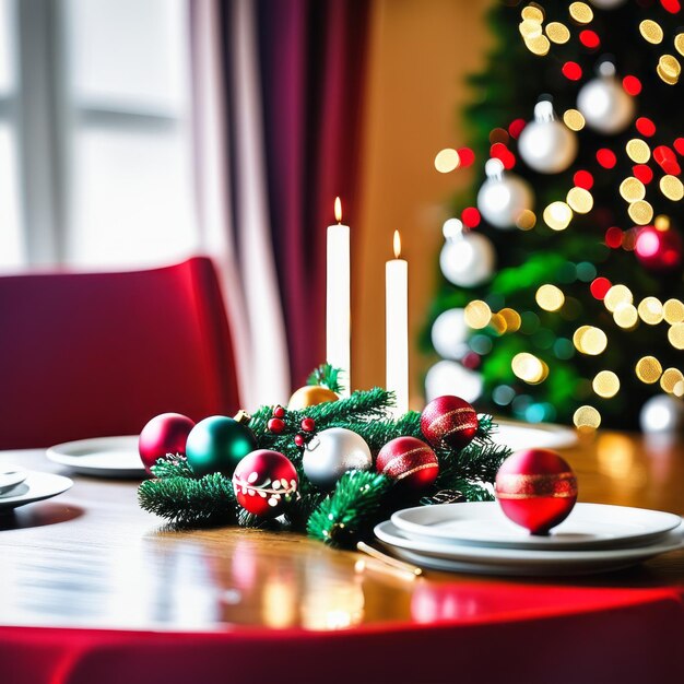 写真 家はクリスマスの装飾品とギフトボックスとろうそくの軽い装飾で装飾されています