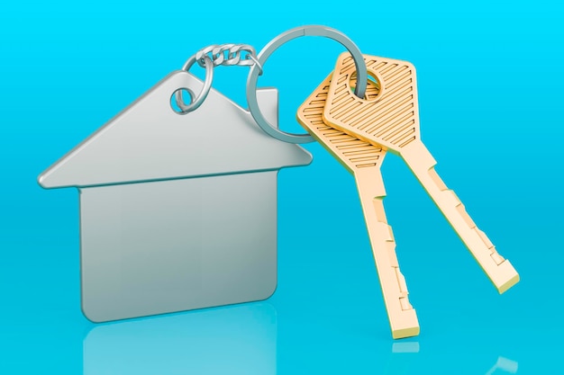 Foto rendering 3d della chiave di casa con portachiavi su sfondo blu