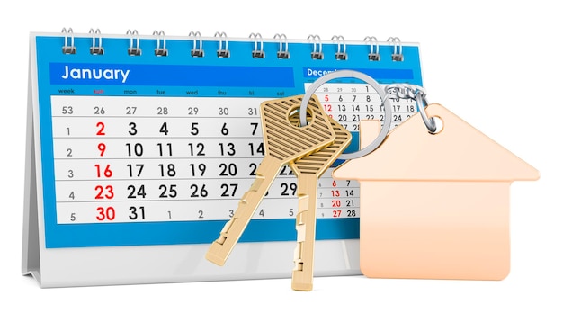 Home key with keychain with desk calendar 3D rendering