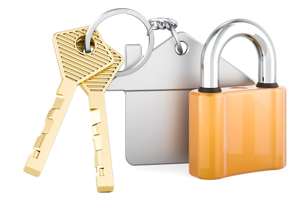 Home key with keychain with padlock 3D rendering