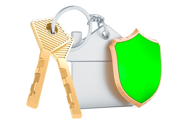 Home key with keychain with shield 3D rendering