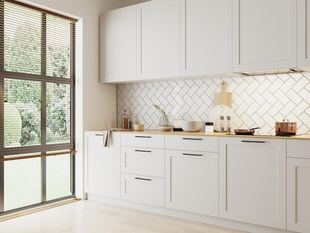 Home kitchen interior with garden view window in white colours\
3d rendering