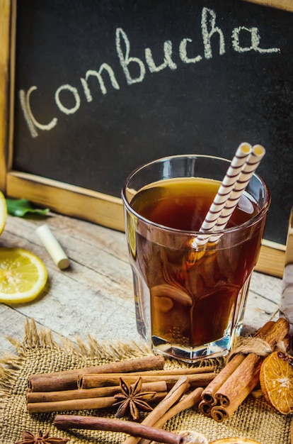 Home Kombucha with lemon. selective focus. Drink.