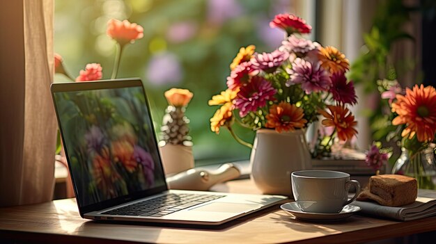 Photo home laptop desk flower