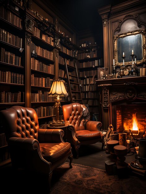 Home Library Backdrop Bookshelves and Cozy Fireplace Backgro Creative Design Live Stream Background